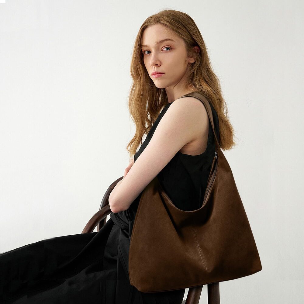 9625 Suede Cresent Tote, Slouchy Hobo Bag Vegan Leather Medium Zipper - Picture 2 of 7